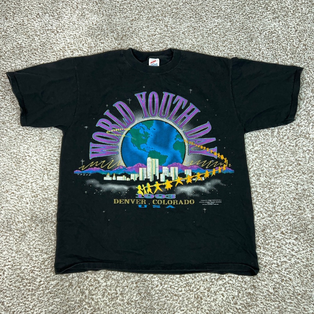 Vintage World Youth Day Shirt Mens Large Black 1993 Denver Colorado Jerzees USA